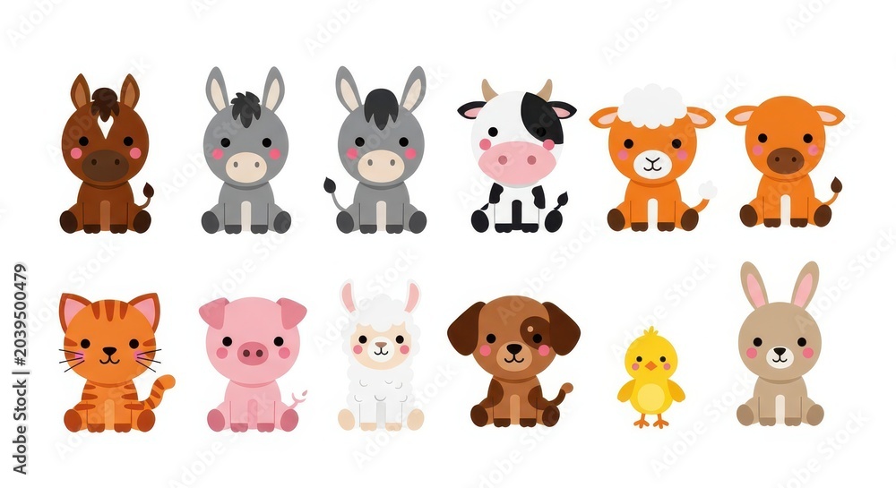 Naklejka premium Cute Cartoon Farm Animal Vector Set - Kawaii Domestic Animals Collection for Kids Education and Design
