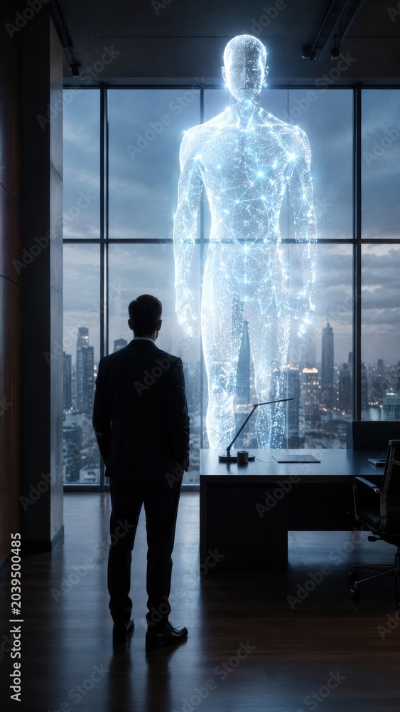 Fototapeta premium Office Worker Facing Towering AI Silhouette