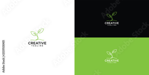 Schilderij op canvas Minimalist green sprout line art logo design concept, symbolizing growth, fresh