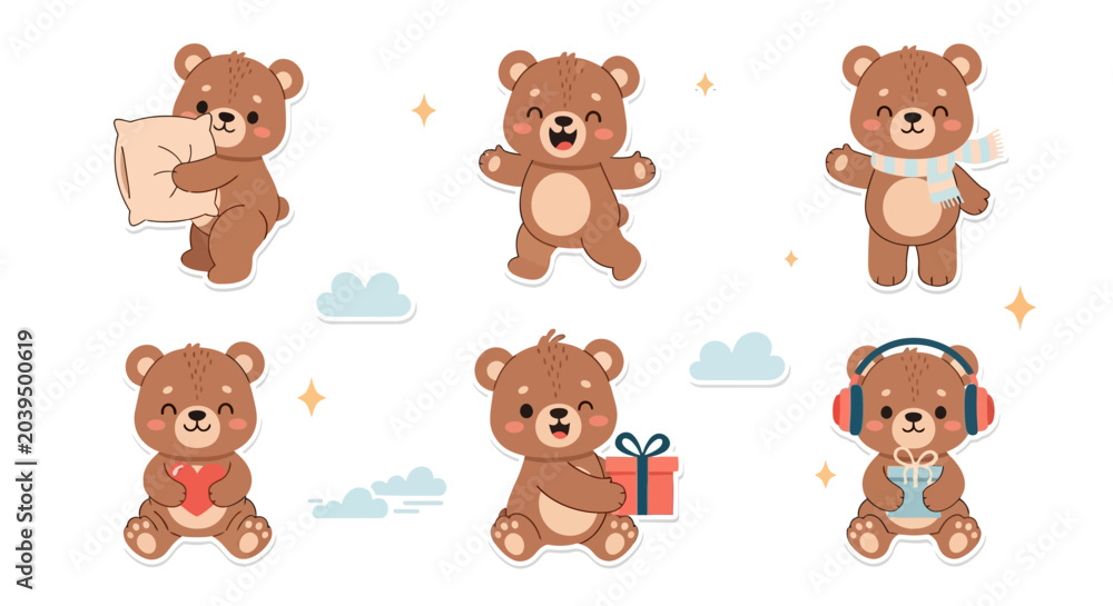 Fototapeta premium Cute Cartoon Teddy Bears Set, Adorable Animals with Various Activities
