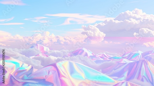 Iridescent Holographic Mountain Landscape Under Colorful Cloudy Sky