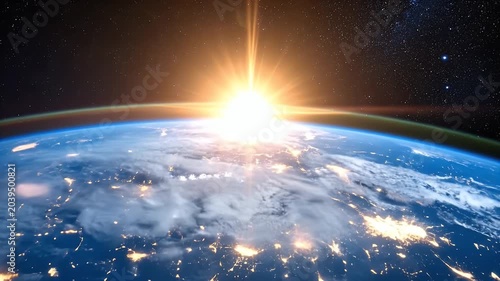 Earth From Space View with City Lights at Night and Sunlight Flare on Horizon Against Starry Background