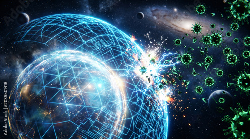 A vibrant blue digital energy shield deflects dangerous green spiked virus particles in a dynamic explosion of light and electrical sparks during a chaotic cosmic battle.
