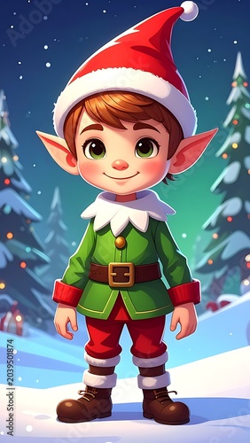 A cheerful cartoon elf boy in a snowy forest