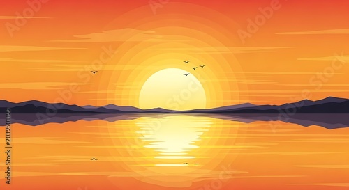 Golden sunset over calm ocean horizon.