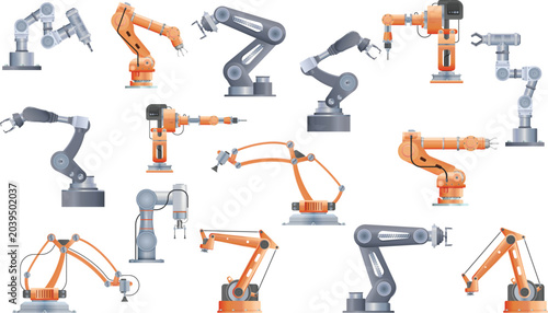 Tableau sur toile Diverse smart manufacturing robotic arms pack featuring welding and drilling gri