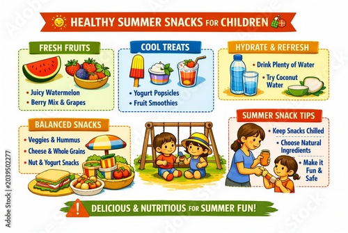 Infographic about healthy summer snack for kid. Woman providing fruit and water to child. Education material about nutrition, hydration and balanced food choice in sunny season.