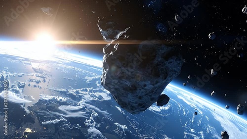 Earth Seen from Space with Asteroids against a Dark Background and Sunrise with Light Blue Atmospheric Glow and City Lights