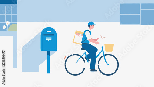 Delivery man riding bicycle near post box illustration