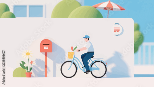Delivery man riding bicycle near post box illustration