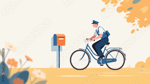 Delivery man riding bicycle near post box illustration