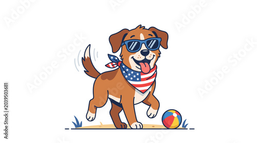 Happy dog wearing sunglasses and an American flag bandana, playing with a ball
