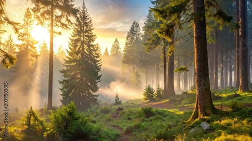 Sunlight streams through the trees in a beautiful, lush, green forest scene