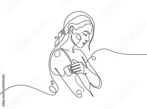 Minimalist line art woman applying skincare while looking down with a serene mood