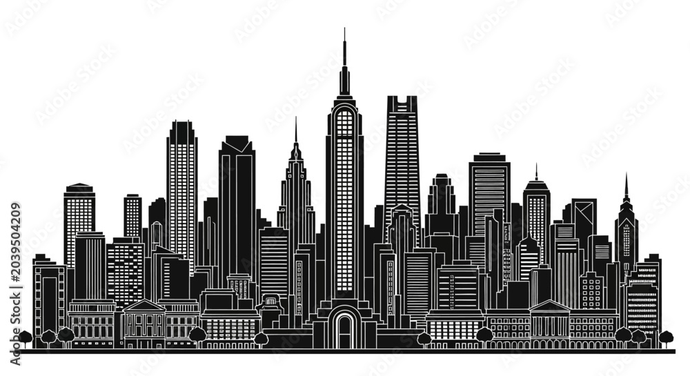 Fototapeta premium New York City skyline silhouette illustration in black and white