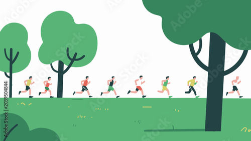 Group of people running marathon or jogging together in a race illustration
