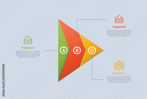Pyramid base shape infographic with glossy gradient style with arrow shape with paper folding style squeeze with line pointer with three segment information