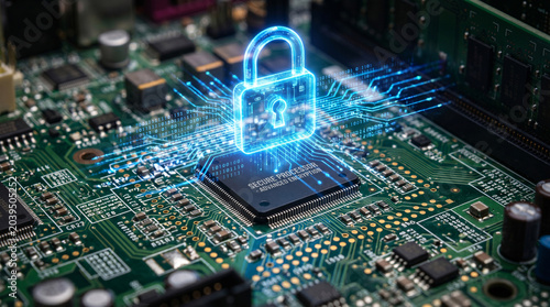 A glowing blue holographic padlock icon floats above a central computer processor chip featuring intricate circuitry and digital binary code lines in a vibrant style.