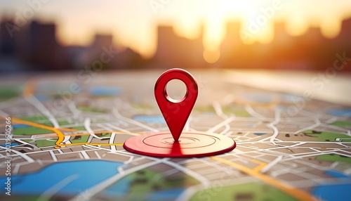 A red map pin on a city map at sunset