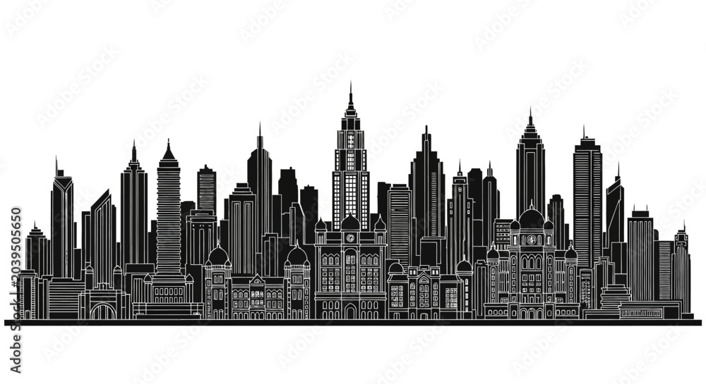 Obraz premium Detailed City Skyline Silhouette Illustration