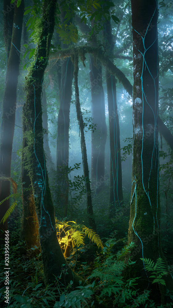 Naklejka premium Mysterious foggy rainforest scene with tall trees and lush green foliage