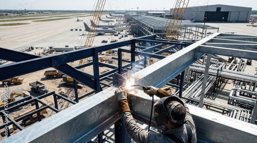 Industrial Assemblage: Airport Construction Portraying Welding Fabrication Process High Angle