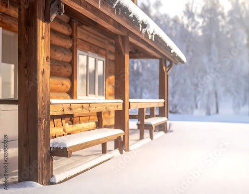 A snowy log cabin with wooden benches and a forest background