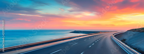 A coastal highway running along the ocean during a colorful sunset—a picturesque journey and travel landscape