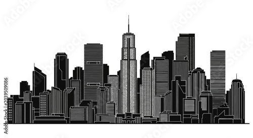 Modern City Skyline Silhouette Illustration, Urban Architectural Vector