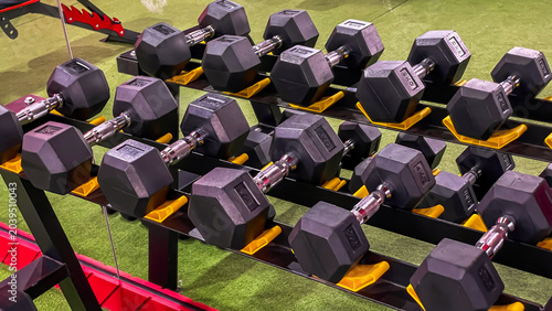 Photos Power dumbbells on a multi-level rack in a modern gym for training and fitness