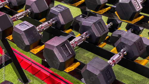 Quadro em tela Close-up of black hexagonal dumbbells on a rack in a fitness center