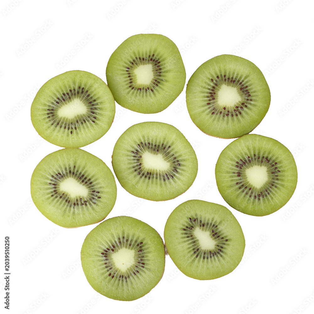 Fototapeta premium Whole kiwi fruit and round slices isolated on a transparent background