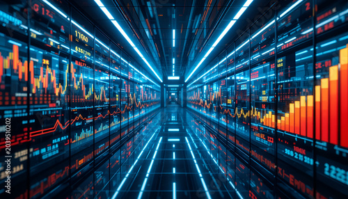 Futuristic data center with glowing blue lights and screens displaying stock market charts and graphs
