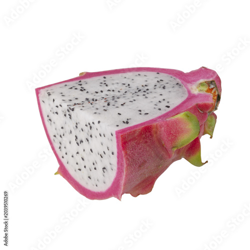 Red dragon fruit halves and slices showing juicy flesh on a white background