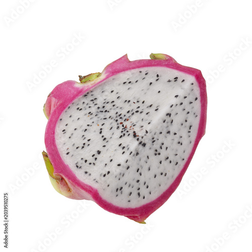 Red dragon fruit halves and slices showing juicy flesh on a white background