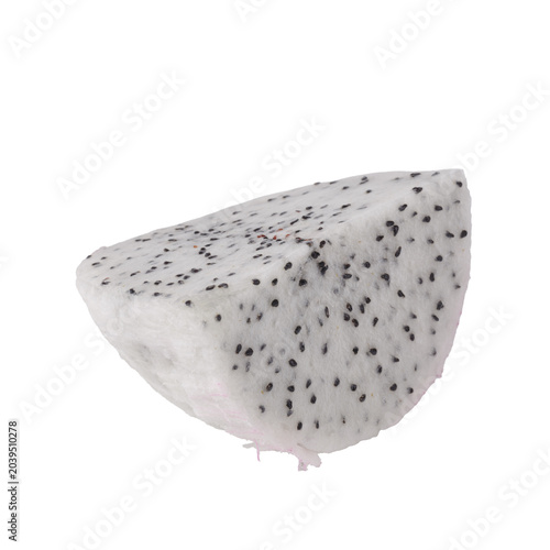 Red dragon fruit halves and slices showing juicy flesh on a white background