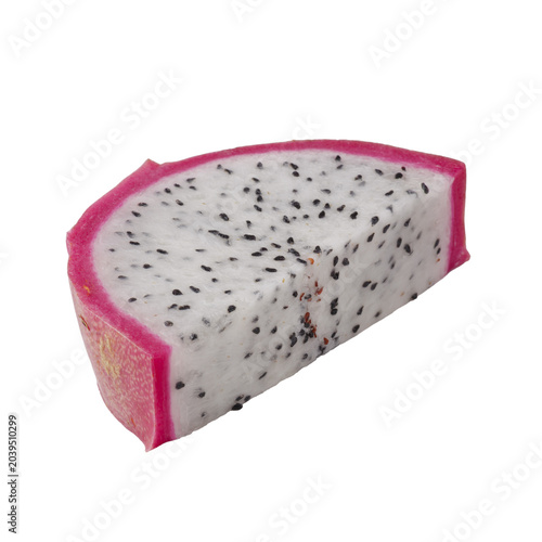 Red dragon fruit halves and slices showing juicy flesh on a white background