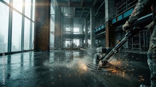 Industrial Construction Site Process of Smoothing Concrete Floor With Bright Light