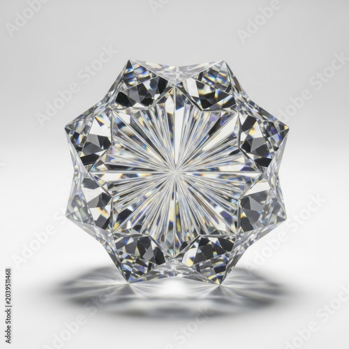 Faceted star shaped clear diamond gemstone with sharp edges and internal light refractions