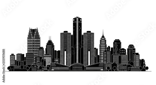 Detroit City Skyline Silhouette with Iconic Buildings, Urban Graphic
