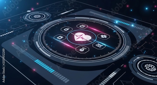 Futuristic Digital Interface with Heart Icon and Data Visualization.