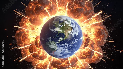 Earth with Fiery Explosion Isolated on Dark Backdrop Orange and Black Particles, Globe in the Center