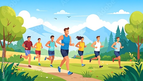 Cartoon illustration of people jogging on a path in a natural landscape