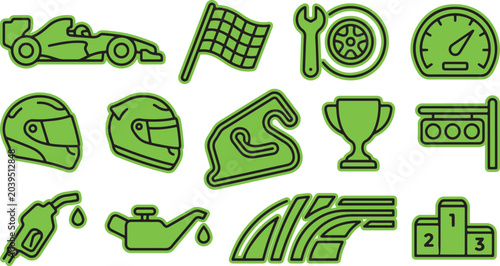 Принти на полотні Set of green motor racing and motorsport icons featuring sports car trophy helme