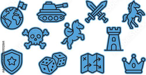 Obraz na plátně Blue line icon set featuring fantasy warfare medieval strategic elements medieva