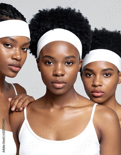 Three young women with white headbands and tops