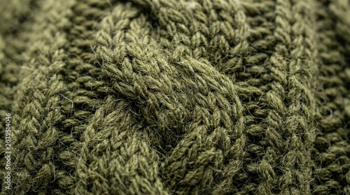 Detailed close-up of a dark green cable knit fabric, showcasing the intricate texture and intertwined yarn patterns.