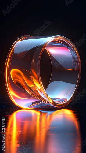 Abstract 3D render of a flowing transparent torus with glowing orange and blue light reflections on a dark surface