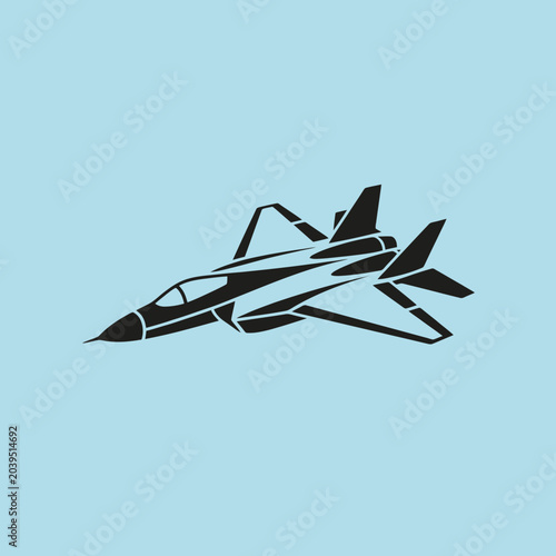 Photography A black silhouette of a fast military jet on blue background