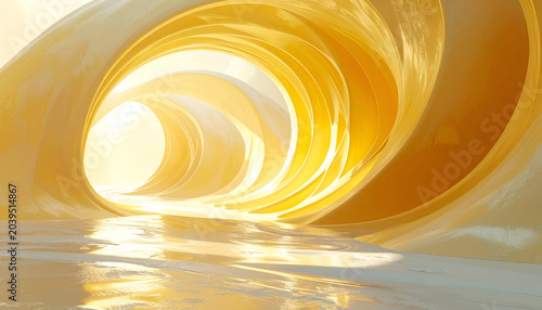 Abstract golden tunnel with liquid surface reflecting light futuristic swirling architecture